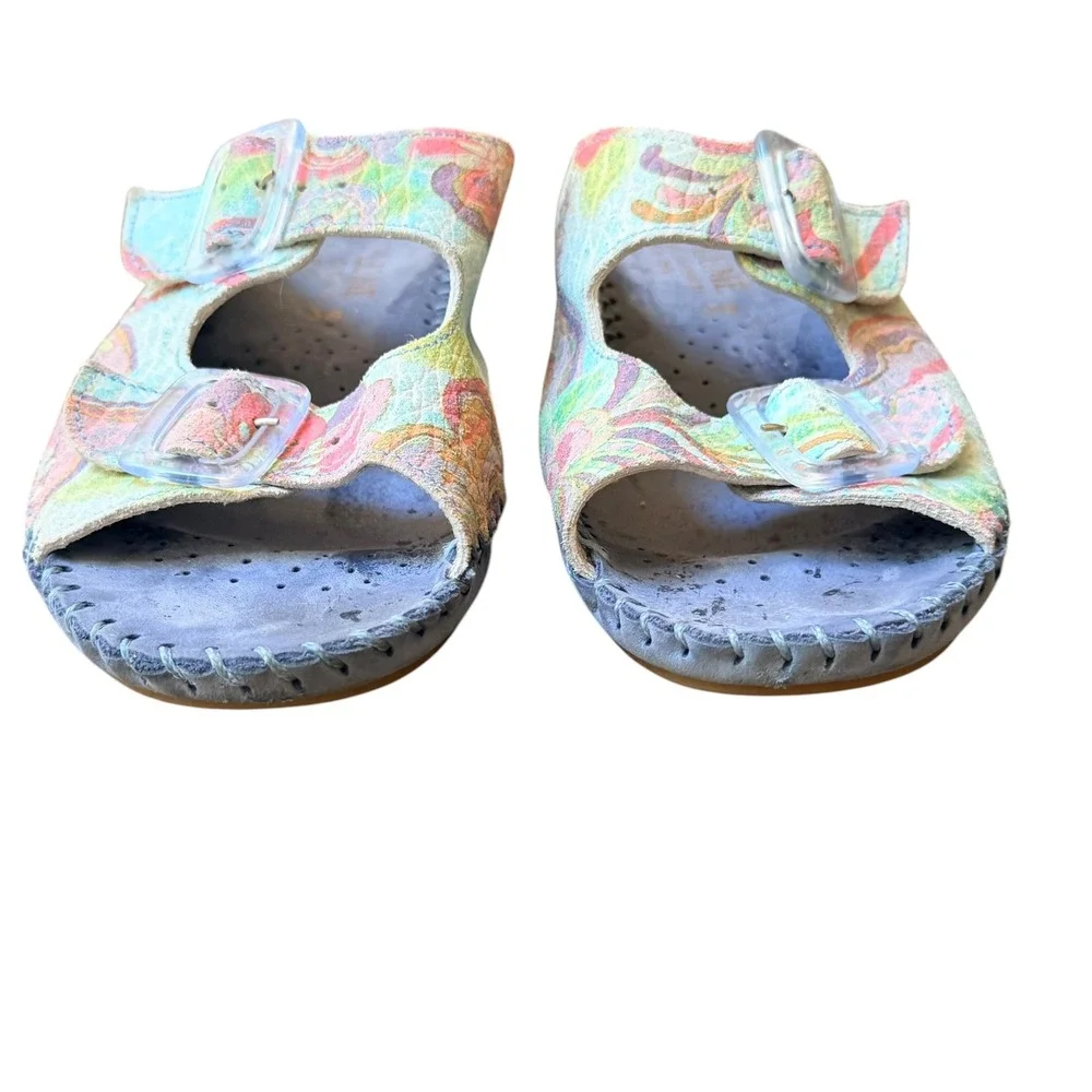 La Plume Sandals Women‎ US 7.5 Pastel Leather Floral Double Buckle Slides Italy
